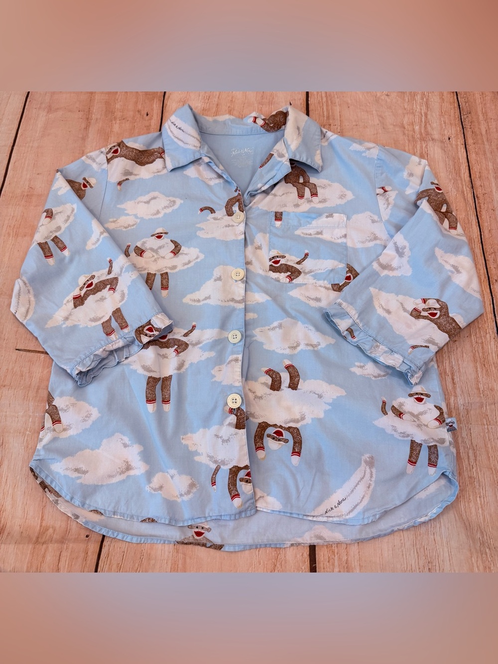 Nick Nora Pajama Top Womens Medium Blue Monkey Sky  All Over Print Shirt